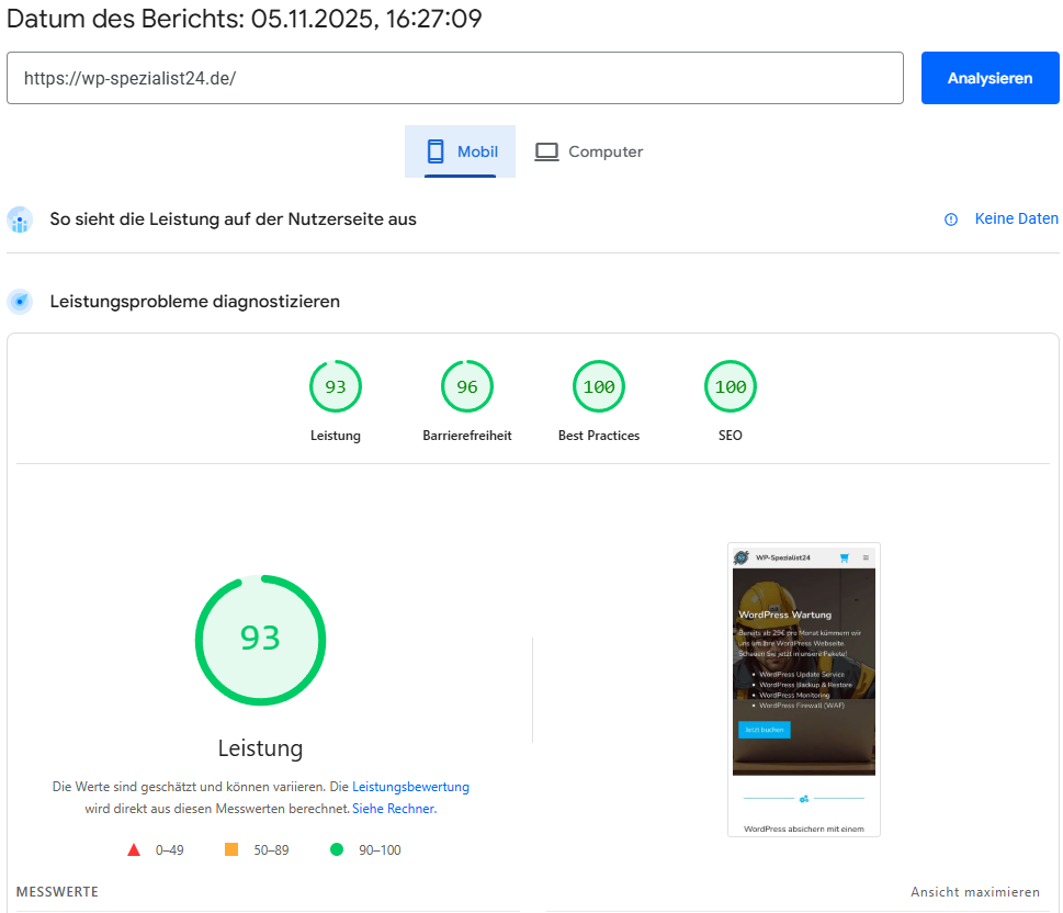 PagespeedInsights nach Performanceoptimierung